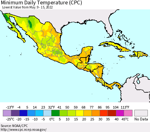Mexico Central America and the Caribbean Minimum Daily Temperature (CPC) Thematic Map For 5/9/2022 - 5/15/2022