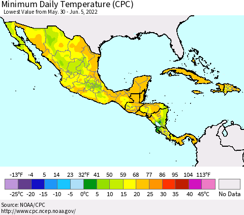 Mexico Central America and the Caribbean Minimum Daily Temperature (CPC) Thematic Map For 5/30/2022 - 6/5/2022