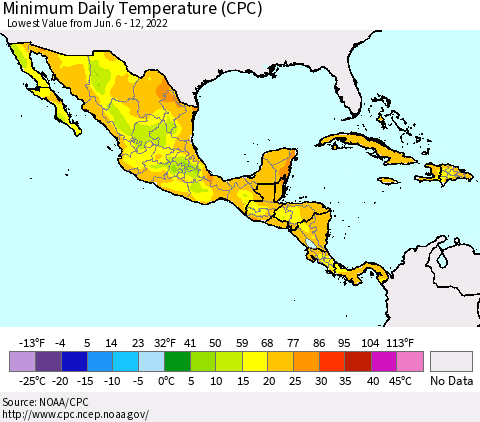 Mexico Central America and the Caribbean Minimum Daily Temperature (CPC) Thematic Map For 6/6/2022 - 6/12/2022