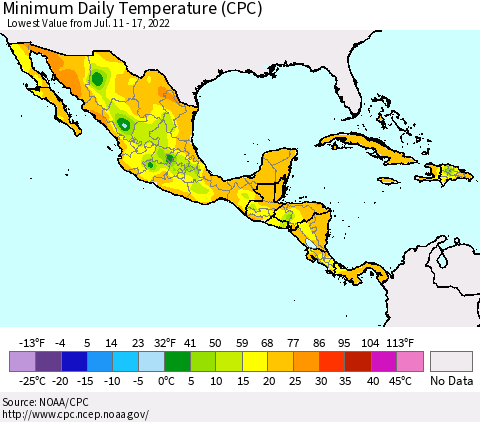 Mexico Central America and the Caribbean Minimum Daily Temperature (CPC) Thematic Map For 7/11/2022 - 7/17/2022