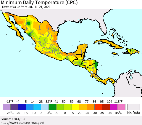 Mexico Central America and the Caribbean Minimum Daily Temperature (CPC) Thematic Map For 7/18/2022 - 7/24/2022