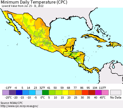 Mexico Central America and the Caribbean Minimum Daily Temperature (CPC) Thematic Map For 7/25/2022 - 7/31/2022