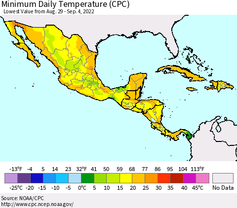 Mexico Central America and the Caribbean Minimum Daily Temperature (CPC) Thematic Map For 8/29/2022 - 9/4/2022