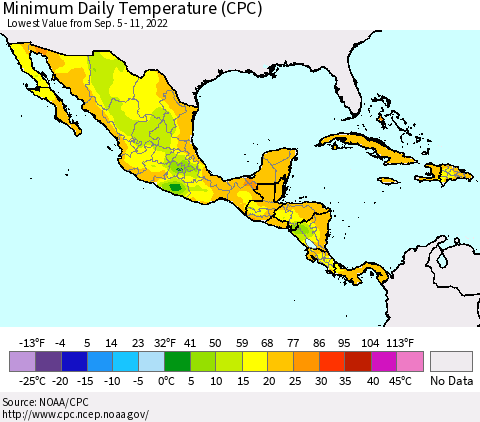 Mexico Central America and the Caribbean Minimum Daily Temperature (CPC) Thematic Map For 9/5/2022 - 9/11/2022