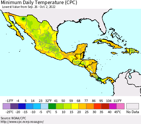 Mexico Central America and the Caribbean Minimum Daily Temperature (CPC) Thematic Map For 9/26/2022 - 10/2/2022