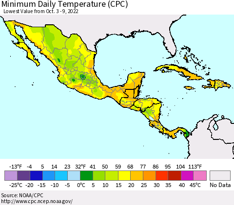 Mexico Central America and the Caribbean Minimum Daily Temperature (CPC) Thematic Map For 10/3/2022 - 10/9/2022
