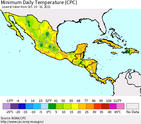 Mexico Central America and the Caribbean Minimum Daily Temperature (CPC) Thematic Map For 10/10/2022 - 10/16/2022