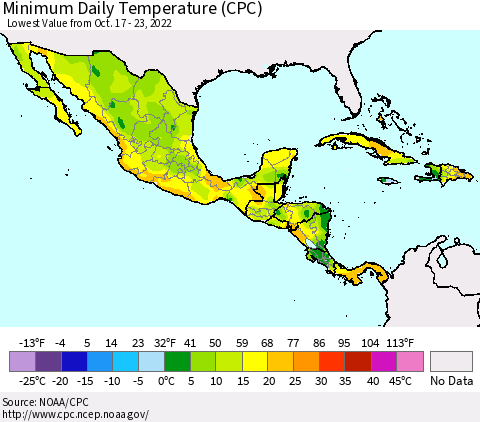Mexico Central America and the Caribbean Minimum Daily Temperature (CPC) Thematic Map For 10/17/2022 - 10/23/2022