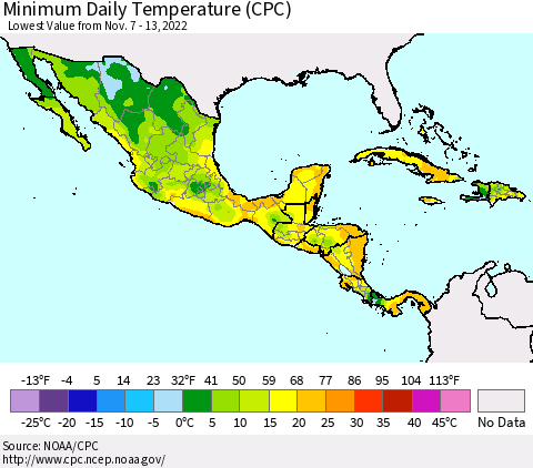 Mexico Central America and the Caribbean Minimum Daily Temperature (CPC) Thematic Map For 11/7/2022 - 11/13/2022