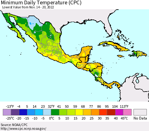 Mexico Central America and the Caribbean Minimum Daily Temperature (CPC) Thematic Map For 11/14/2022 - 11/20/2022