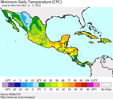 Mexico Central America and the Caribbean Minimum Daily Temperature (CPC) Thematic Map For 11/21/2022 - 11/27/2022