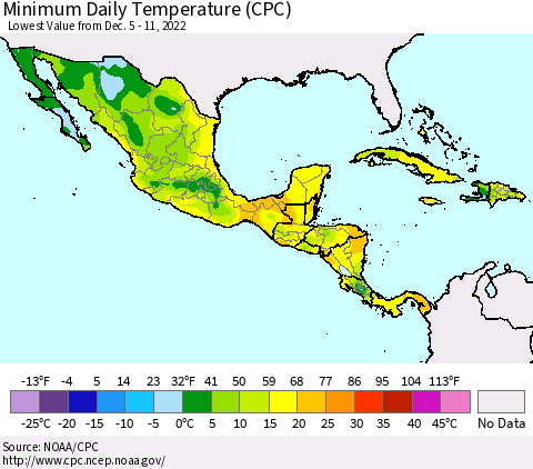 Mexico Central America and the Caribbean Minimum Daily Temperature (CPC) Thematic Map For 12/5/2022 - 12/11/2022
