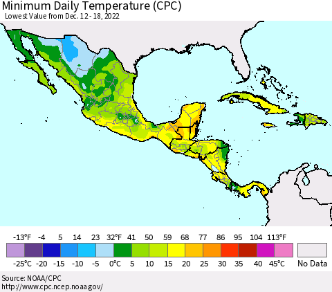 Mexico Central America and the Caribbean Minimum Daily Temperature (CPC) Thematic Map For 12/12/2022 - 12/18/2022