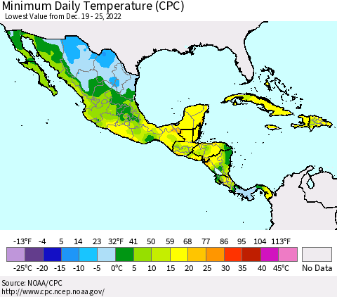 Mexico Central America and the Caribbean Minimum Daily Temperature (CPC) Thematic Map For 12/19/2022 - 12/25/2022