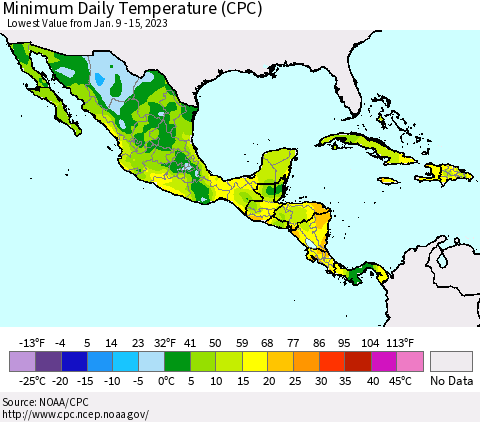 Mexico Central America and the Caribbean Minimum Daily Temperature (CPC) Thematic Map For 1/9/2023 - 1/15/2023