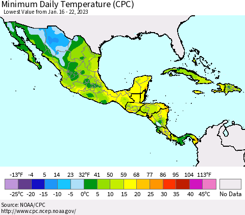 Mexico Central America and the Caribbean Minimum Daily Temperature (CPC) Thematic Map For 1/16/2023 - 1/22/2023