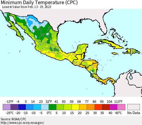 Mexico Central America and the Caribbean Minimum Daily Temperature (CPC) Thematic Map For 2/13/2023 - 2/19/2023