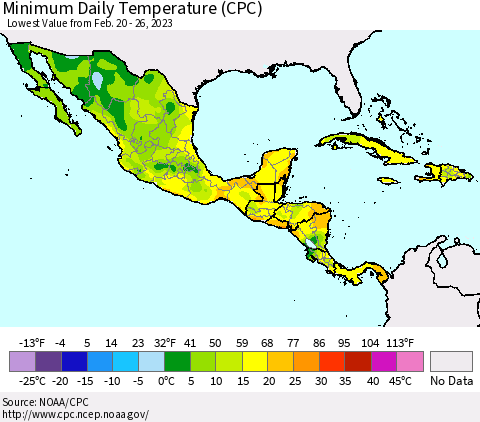 Mexico Central America and the Caribbean Minimum Daily Temperature (CPC) Thematic Map For 2/20/2023 - 2/26/2023