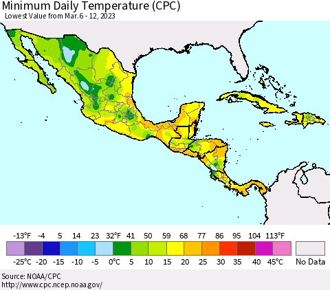 Mexico Central America and the Caribbean Minimum Daily Temperature (CPC) Thematic Map For 3/6/2023 - 3/12/2023