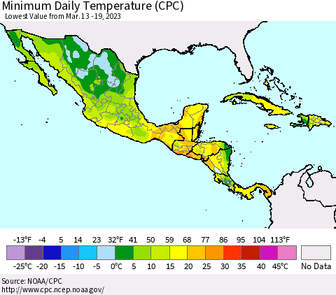 Mexico Central America and the Caribbean Minimum Daily Temperature (CPC) Thematic Map For 3/13/2023 - 3/19/2023