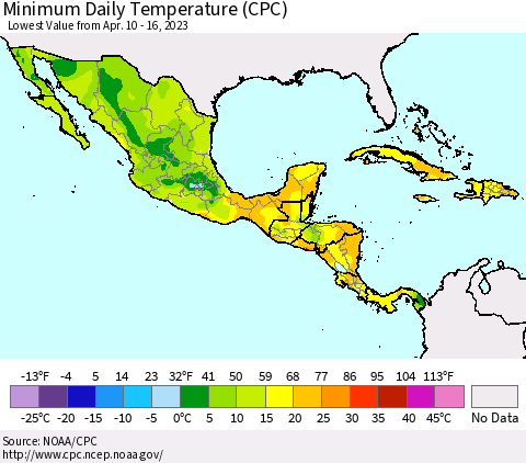 Mexico Central America and the Caribbean Minimum Daily Temperature (CPC) Thematic Map For 4/10/2023 - 4/16/2023