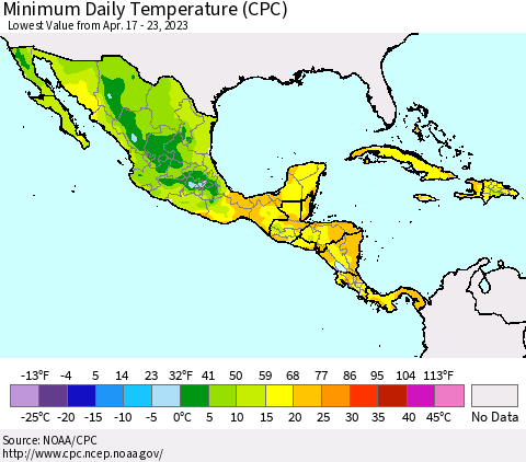 Mexico Central America and the Caribbean Minimum Daily Temperature (CPC) Thematic Map For 4/17/2023 - 4/23/2023