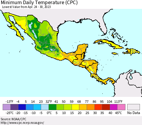 Mexico Central America and the Caribbean Minimum Daily Temperature (CPC) Thematic Map For 4/24/2023 - 4/30/2023