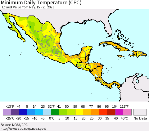 Mexico Central America and the Caribbean Minimum Daily Temperature (CPC) Thematic Map For 5/15/2023 - 5/21/2023