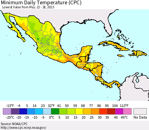 Mexico Central America and the Caribbean Minimum Daily Temperature (CPC) Thematic Map For 5/22/2023 - 5/28/2023