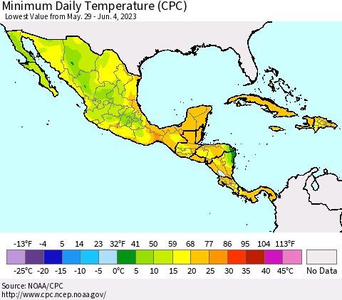 Mexico Central America and the Caribbean Minimum Daily Temperature (CPC) Thematic Map For 5/29/2023 - 6/4/2023