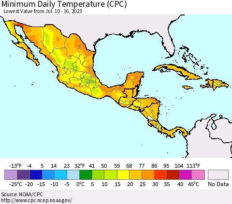 Mexico Central America and the Caribbean Minimum Daily Temperature (CPC) Thematic Map For 7/10/2023 - 7/16/2023