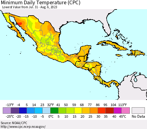 Mexico Central America and the Caribbean Minimum Daily Temperature (CPC) Thematic Map For 7/31/2023 - 8/6/2023
