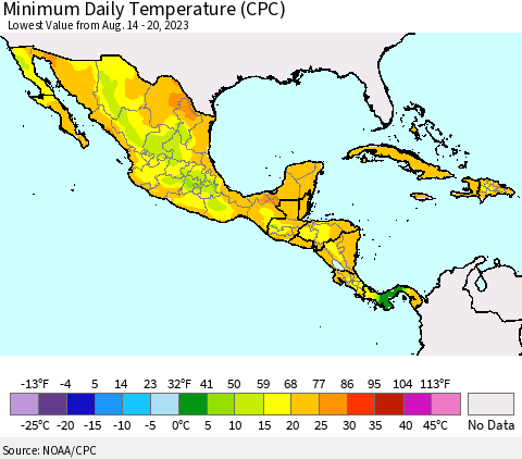 Mexico Central America and the Caribbean Minimum Daily Temperature (CPC) Thematic Map For 8/14/2023 - 8/20/2023