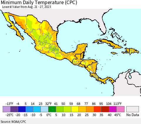 Mexico Central America and the Caribbean Minimum Daily Temperature (CPC) Thematic Map For 8/21/2023 - 8/27/2023