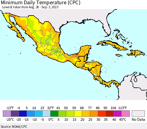 Mexico Central America and the Caribbean Minimum Daily Temperature (CPC) Thematic Map For 8/28/2023 - 9/3/2023
