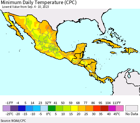 Mexico Central America and the Caribbean Minimum Daily Temperature (CPC) Thematic Map For 9/4/2023 - 9/10/2023