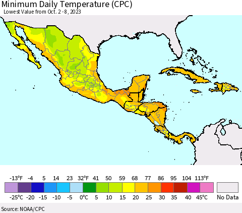 Mexico Central America and the Caribbean Minimum Daily Temperature (CPC) Thematic Map For 10/2/2023 - 10/8/2023
