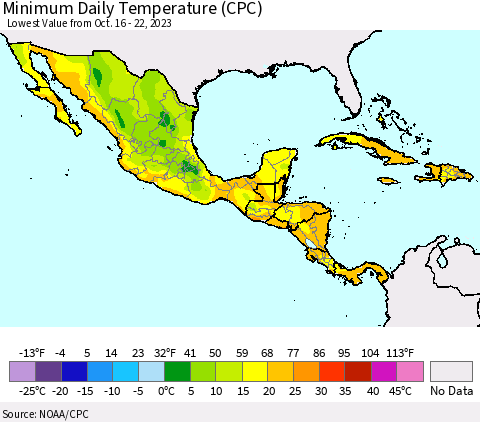 Mexico Central America and the Caribbean Minimum Daily Temperature (CPC) Thematic Map For 10/16/2023 - 10/22/2023