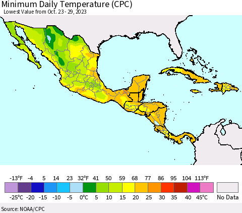Mexico Central America and the Caribbean Minimum Daily Temperature (CPC) Thematic Map For 10/23/2023 - 10/29/2023