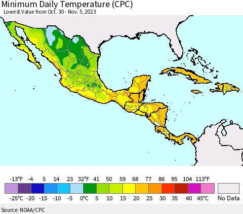 Mexico Central America and the Caribbean Minimum Daily Temperature (CPC) Thematic Map For 10/30/2023 - 11/5/2023