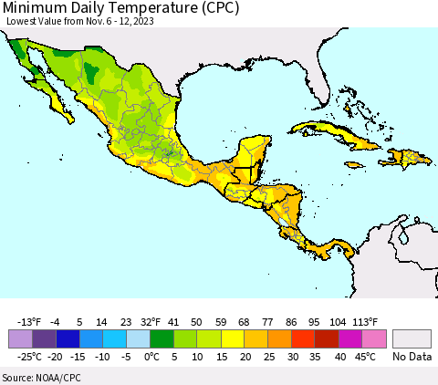 Mexico Central America and the Caribbean Minimum Daily Temperature (CPC) Thematic Map For 11/6/2023 - 11/12/2023