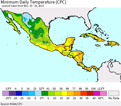 Mexico Central America and the Caribbean Minimum Daily Temperature (CPC) Thematic Map For 11/20/2023 - 11/26/2023