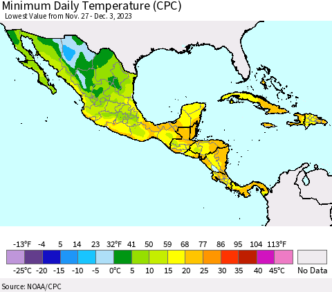 Mexico Central America and the Caribbean Minimum Daily Temperature (CPC) Thematic Map For 11/27/2023 - 12/3/2023