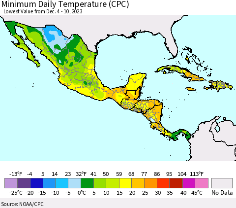 Mexico Central America and the Caribbean Minimum Daily Temperature (CPC) Thematic Map For 12/4/2023 - 12/10/2023