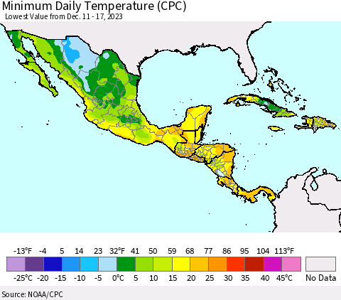 Mexico Central America and the Caribbean Minimum Daily Temperature (CPC) Thematic Map For 12/11/2023 - 12/17/2023