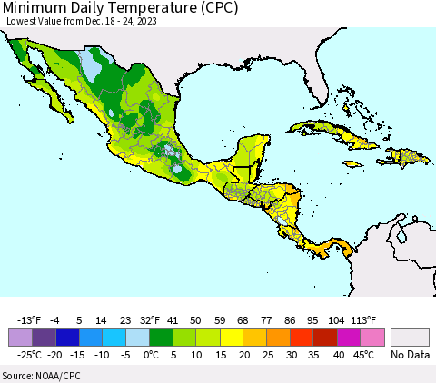 Mexico Central America and the Caribbean Minimum Daily Temperature (CPC) Thematic Map For 12/18/2023 - 12/24/2023