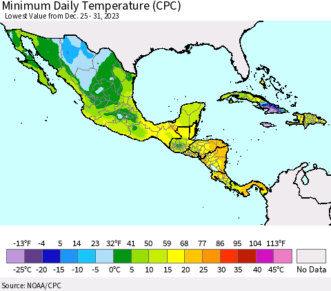 Mexico Central America and the Caribbean Minimum Daily Temperature (CPC) Thematic Map For 12/25/2023 - 12/31/2023