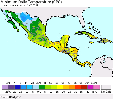 Mexico Central America and the Caribbean Minimum Daily Temperature (CPC) Thematic Map For 1/1/2024 - 1/7/2024
