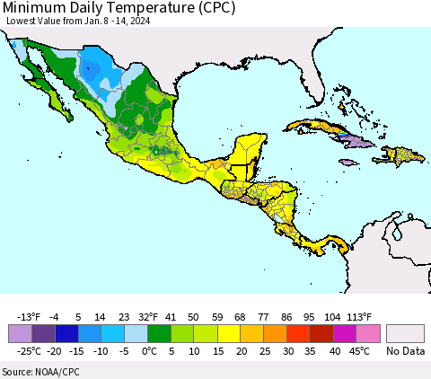 Mexico Central America and the Caribbean Minimum Daily Temperature (CPC) Thematic Map For 1/8/2024 - 1/14/2024