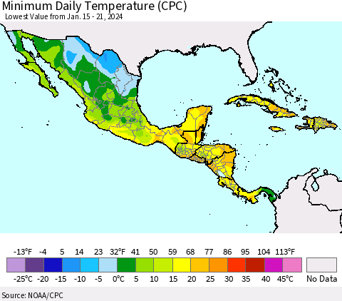 Mexico Central America and the Caribbean Minimum Daily Temperature (CPC) Thematic Map For 1/15/2024 - 1/21/2024